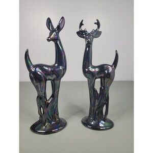 Maddux Of California Vintage Ceramic Black Iridescent Doe And Buck Deer Set